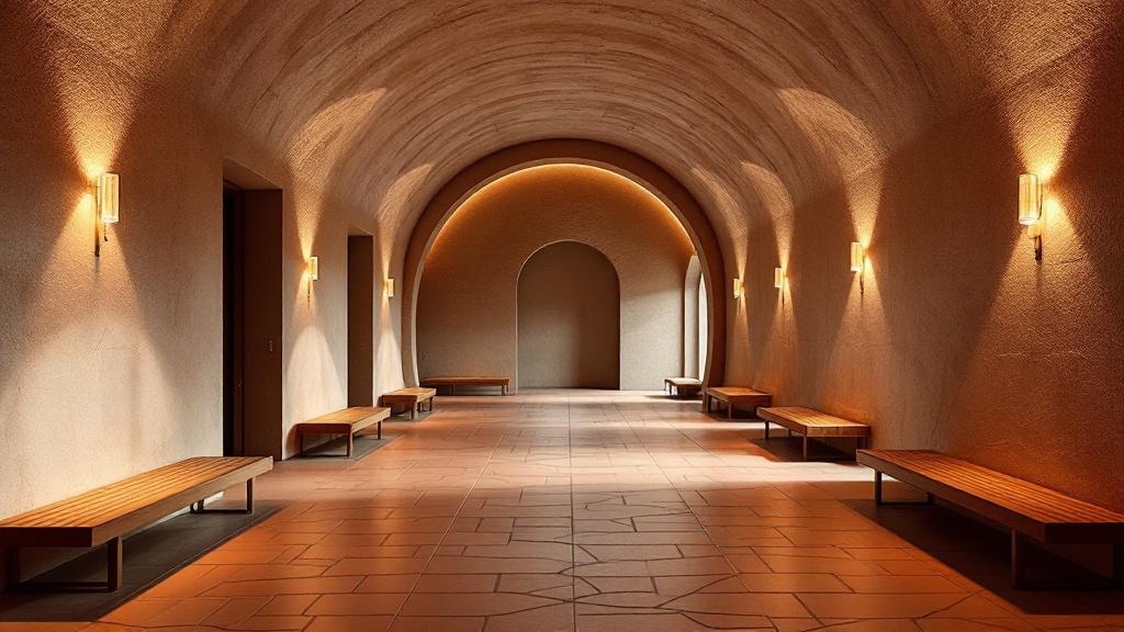 Arrival & Grounding space — warm matte tiles and soft indirect light