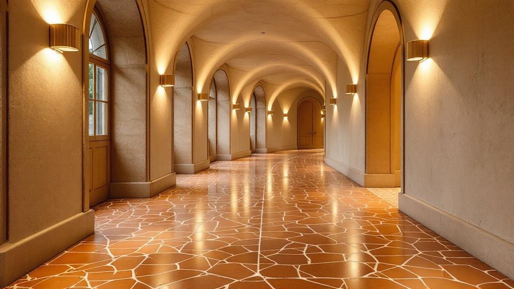 A warmly lit corridor connecting the retreat spaces