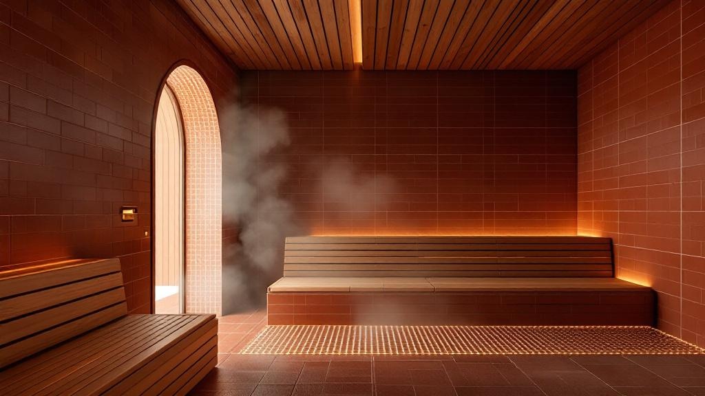 Warmth & Release — terracotta sauna with oak timber slats and warm light
